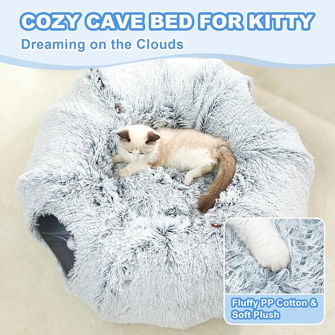 JIUPETY Cat Tunnel Bed with Soft Plush Mat, Collapsible Tube Playground, Cat Toy Tunnel for Indoor Cats, Kitten, Rabbit, Ferret, Fluffy Plush Material, Includes Dangling Balls, Light Grey