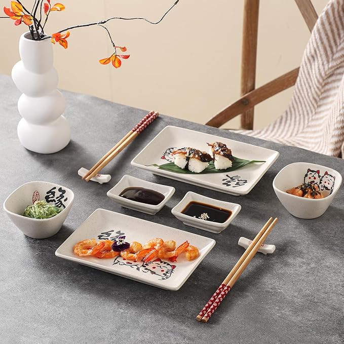 8 pcs Japanese Sushi Plate Sets Serving Platters and Trays for Entertaining Sushi Dishes Set Plates Sushi Plates Traditional Cuisine Dinnerware Sets with Chopsticks Cat