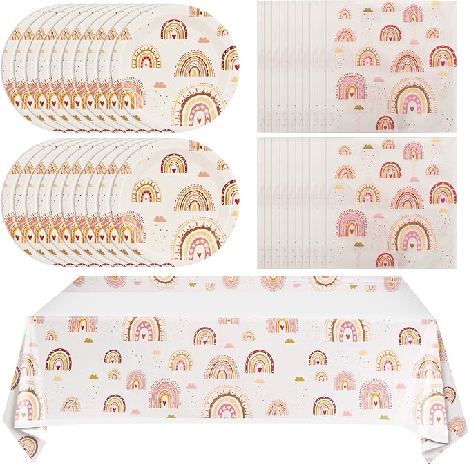 Boho Rainbow Party Supplies Boho Rainbow Baby Shower Tableware Set Including Paper Plates Napkins Tablecloth for Boho Birthday Party Baby Shower Decorations Supplies
