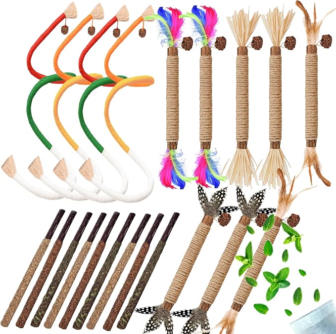 Cat Toys 21PCS Catnip Toy for Indoor Kitten Toys Cat Chew Stick for Dental Cleaning Teeth Cat Silvervine Rope Treat Kitty Feather Snack for for Kick Molar Scratch Self Play Interactive Boredom