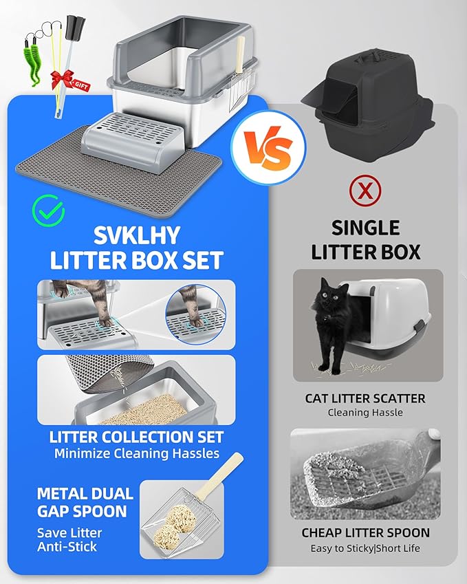9-in-1 Stainless Steel Litter Box Set - [Odorless] Extra Large Metal Litter Box High Sided Cat Litter Box with Lid, XL Litter Box for Cats, Kitty, Non-Sticky, Anti-Leakage, Easy Clean(Gray)