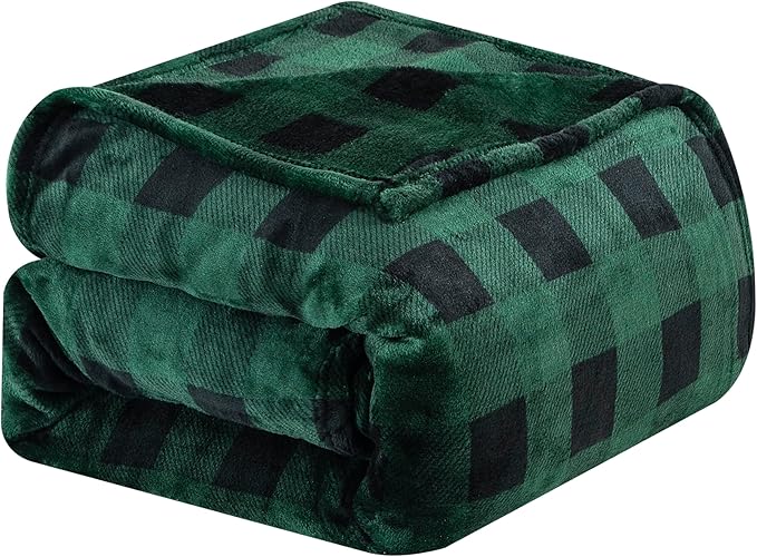Elegant Comfort Velvet Touch Ultra Plush Christmas Holiday Buffalo Plaid Fleece Throw/Blanket-50 x 60inch, Buffalo Green