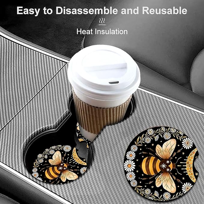 Car Coasters for Cup Holders,2 Pack Bee Car Cup Holder Coasters,2.75" Universal Size Anti Slip Rubber Mat,Automotive Cup Holder Decal Decor Accessories,Bee Gifts for Women,Men,Mom