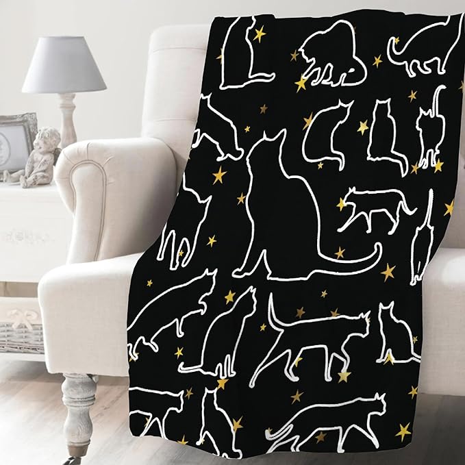 Khumbhira Black Cats Stars Blanket Cute Throws Gifts for Boys Girls, Kitten Decor Cat Plush Soft Lightweight Flannel Fleece Blankets Kawaii Bedding for Bed Couch Chair 120x90In Extra Large