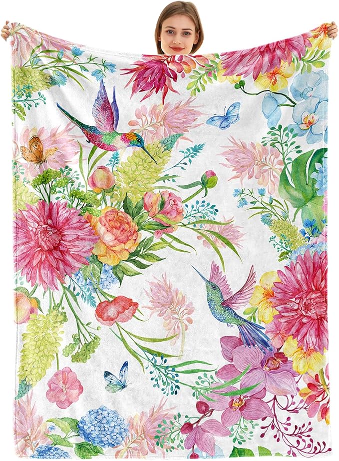 Hummingbird Throw Blanket Floral Flower Throw Blanket Spring Colorful Flannel Fleece Throw Blankets Gifts for Women Children Soft Cozy Plush Throw Blankets 60" x 80"