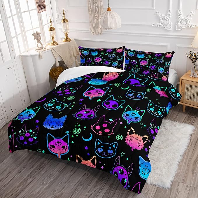Axolotl Cat Comforter Set Queen,Kawaii Trippy Cat Moon Stars Bedding Set with 1 Comforter 2 Pillowcases for Kids Boys Girls Teens Adults Room Decor All Season,Colorful Neon Trippy Bed Set