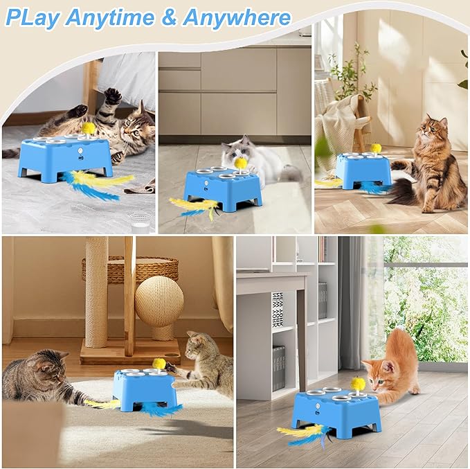 Cat Toys, Interactive Cat Toys, 2-in-1 Automatic Cat Toy, 4 Holes Mice Whack A Mole Cat Mouse Toy with Moving Feather, Portable USB Rechargeable Electronic Kitten Toys (Blue)