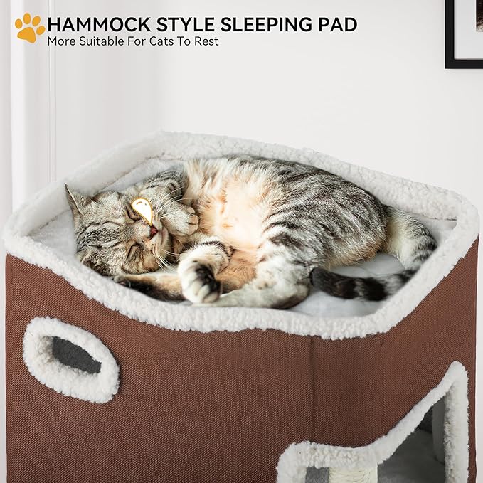 YIATHOME 2-Tier Cat House, Cat Beds for Indoor Cats, Small Cat Condo with Scratch Post and Hideaway Cave, Modern Cat Cube Playhouse for Multi Kittens, Brown