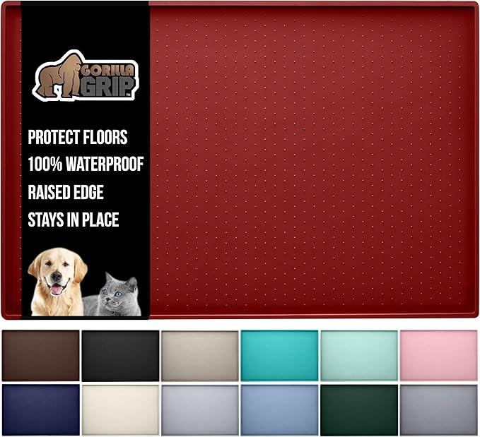 GORILLA GRIP 100% Waterproof Raised Edge BPA Free Silicone Pet Feeding Mat, Dog Cat Food Mats Contain Spills Protects Floors, Placemats for Cats and Dogs Water Bowl, Pets Accessories 16x10, Red