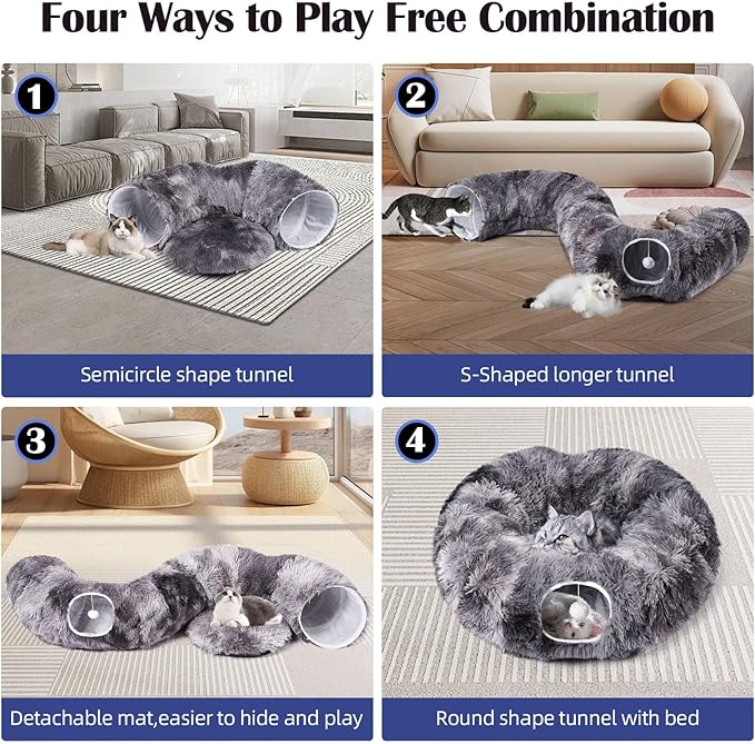Odoland Cat Tunnels for Indoor Cats with Fluffy Plush Central Cat Couch and 20 Cat Toys, Tunnel Bed for Cats with Hanging Ball, Detachable Soft Mat and Variety Kitty Toy Set, Grey