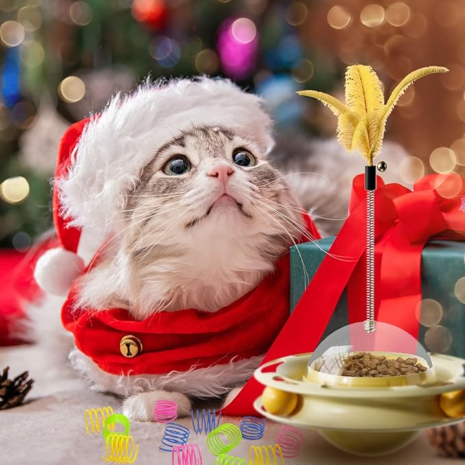 SEVENKA Cat Toys, 4in1 Interactive Kitten Toy, Fluttering Feather Toy, Track Ball, 16 Cat Spiral Spring, Slow Cat Treats Dispenser Cat Feeder Cat Food Dispensing Pet Supplies, Indoor Exercise Kicker