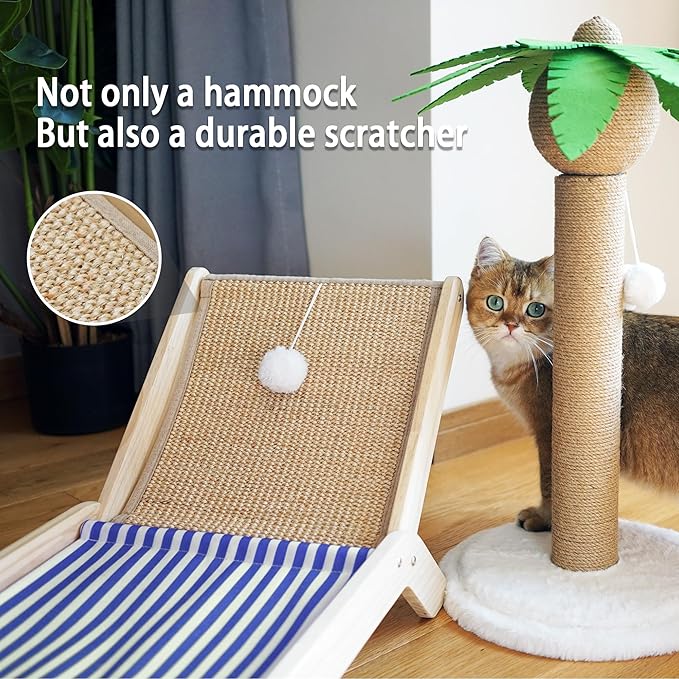 PETKARAY Beach Chair Cat Hammock, Elevated Cat Beds for Indoor Cats, Original Cozy Cat Lounger with Sisal Scratcher and Toy Ball