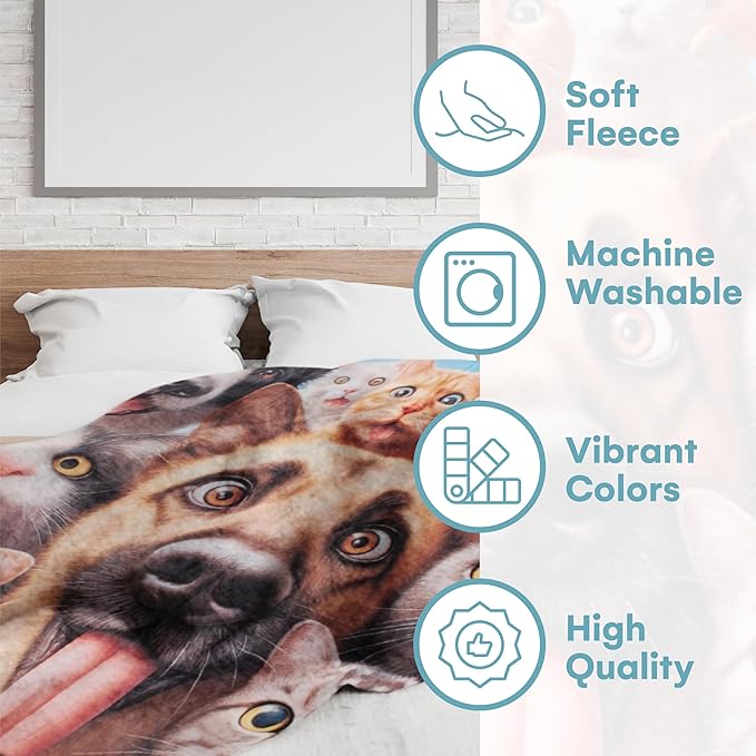 Dawhud Direct Selfie Dog and Cat Fleece Blanket - Soft Throw for Kids and Adults, Colorful Blanket with Dogs and Cats Taking a Selfie Print, Ideal for Beds, Couches, and Travel - 60.6 x 48.8 Inches