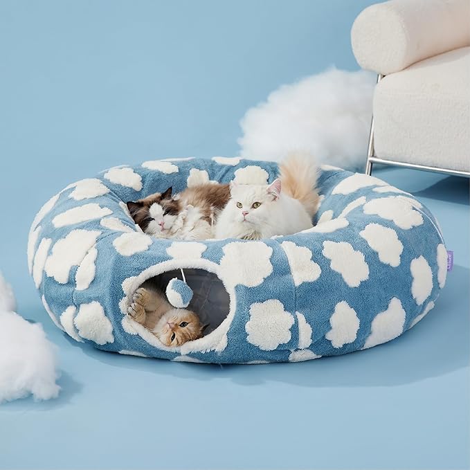 Lesure Large Cat Tunnel Bed for Indoor Cats - Cute Cat Donut Tunnel with Washable Circle Cushion, Round Pet Play Tunnel Toy for Kitten/Puppy/Rabbit,Blue