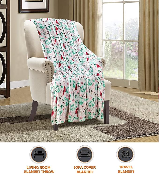 Elegant Comfort Luxury Velvet Super Soft Christmas Prints Fleece Blanket-Holiday Theme Home Décor Fuzzy Warm and Cozy Throws for Winter Bedding, Couch and Gift, 50 x 60 inch, Cardinal