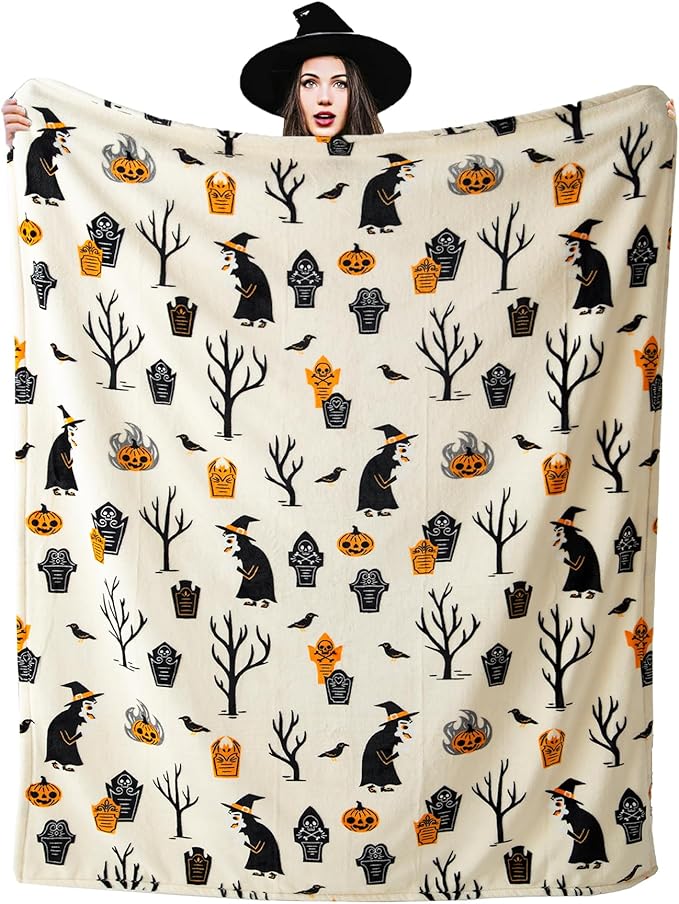 Haunted Halloween Blanket 50” x 70” Reversible Ghost Witch's Hat Print Fleece Throw Blanket, 320 GSM Surper Soft Warm Cozy Fall Blanket for Couch Sofa, Halloween Harvest Gifts and Home Pumpkin Decor