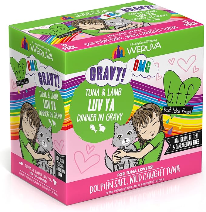 Weruva B.F.F. OMG - Best Feline Friend Oh My Gravy!, Tuna & Lamb Luv Ya with Tuna & Lamb in Gravy Cat Food, 3oz Pouch (Pack of 12)