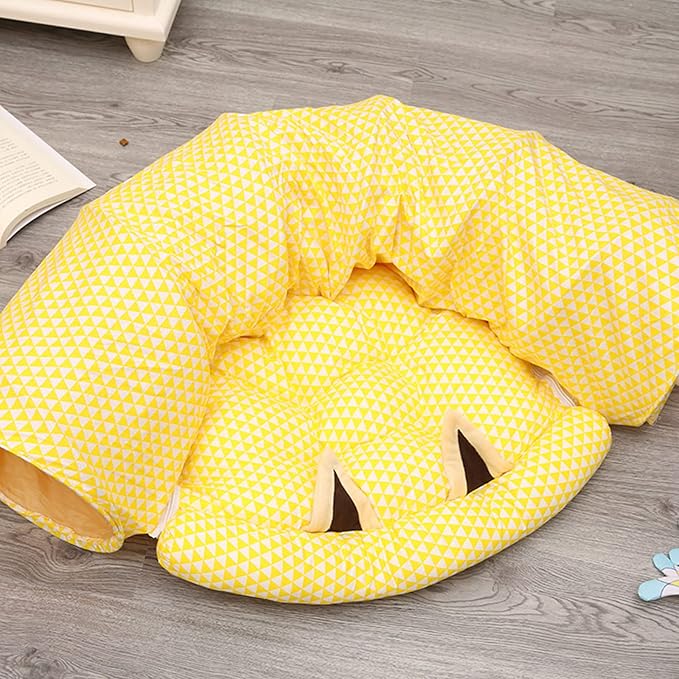 Andiker Cat Tunnels for Indoor Cats with Mat, 2 in 1 Collapsible&Zipper Detachable Soft Cat Bed with A Plush Ball Hideout Cat Interactive Toy Easy to Wash and Clean for All Seasons (Yellow, Moon)