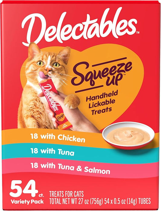 Delectables Squeeze Up Variety Pack, Creamy Squeezable Puree, Lickable Wet Cat Treats, Grain Free, No Added Fillers, No by-Products, No Added Preservatives, 0.5 Ounces Tube, 54 Tubes Total