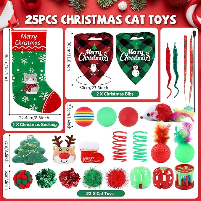 24Pcs Christmas Cat Stocking Toys Interactive Cat Toys Christmas Countdown Christmas Kitten Gift Set Christmas Hanging Stocking Xmas Cat Stocking Toy with Bibs Deer Bell Balls Xmas Tree Teaser for Cat