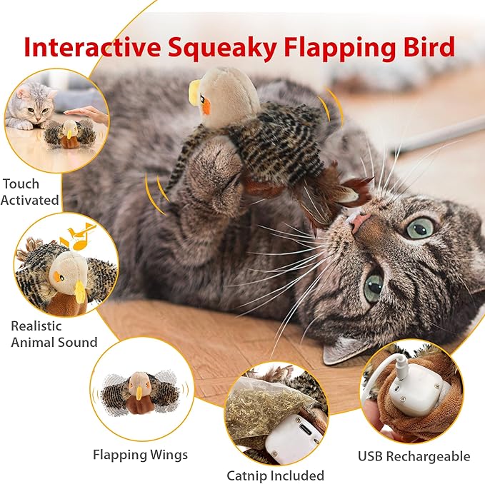 Gigwi Interactive Flapping Cat Toys Catnip, Electronic Flappy Toys Motion Activated, Automatic Cat Toys for Indoor Cats, USB Rechargeable Cat Enrichment Toy for Hunting and Kicker, Bird Sparrow