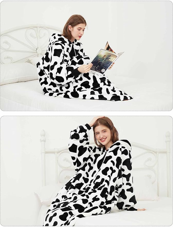 KFUBUO Wearable Blanket Hoodie for Adult Long Sherpa All Patterns Cow Oversized Hoodie Sweatshirt Blanket Cute Birthday Gifts for Women