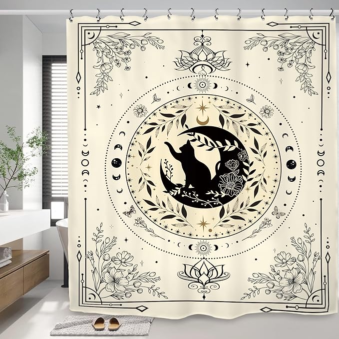Black Cat Shower Curtain 60Wx72L Inch Gothic Moon Phase Flower Witchy Stars Mystic Celestial Beige Tarot Bathroom Set Accessories Decor with 12 Pack Hooks