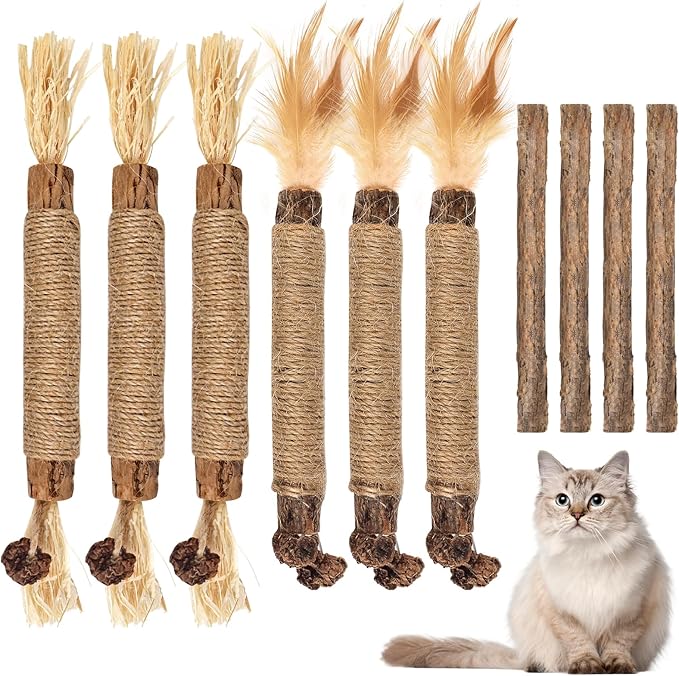 Bissap 10 PCS Silvervine Chew Sticks for Cats, Catnip Chew Sticks Cat Toys for Indoor Cat Kitten Teeth Grinding Interactive Feather Toys for Aggressive Chewers Dental Care