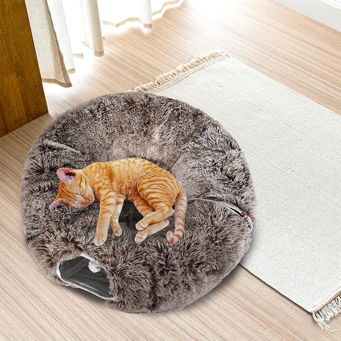 KOMUSMO Cat Tunnel Bed with Central Mat and Hanging Ball Toy, Multifunctional Large Cat Bed Cave Donut for Indoor Cats, Soft Plush Fluffy Collapsible Peekaboo Cave for Small Medium Large Cats Kittens