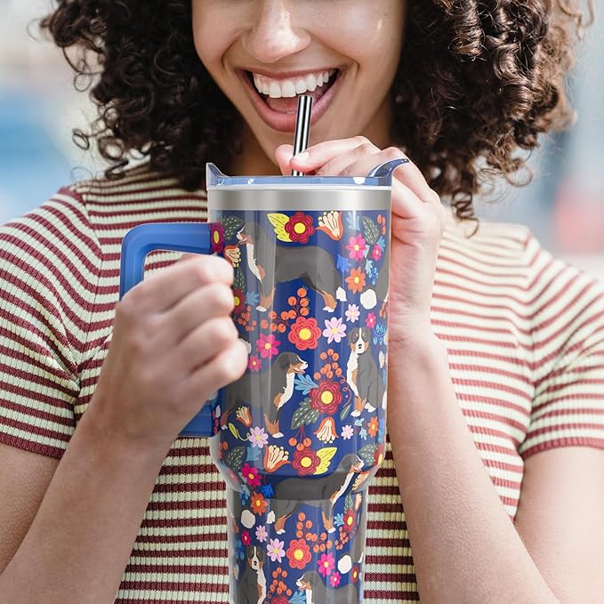 Bernese Mountain Dog Gifts for Women Lovers 40 oz Floral Bernese Mountain Tumblers with Handle and Straw, Stainless Steel Vacuum Insulated Travel Coffee Mug Cup Water Bottle