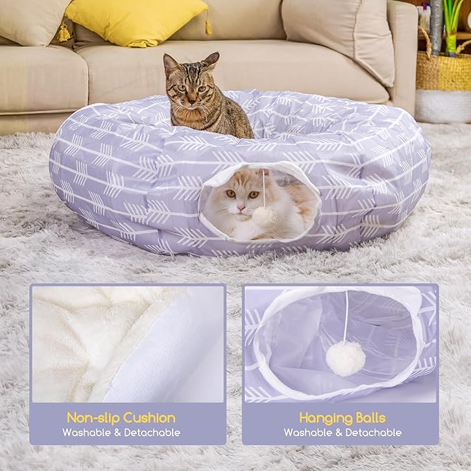 Nobleza Cat Tunnel Bed, Collapsible Washable Cat Tube Tent Toy for Indoor Play Rest, Lightweight Ventilate Cool Kitty Tube Toy Round Donut Tunnel with Detachable Cushion Hanging Balls