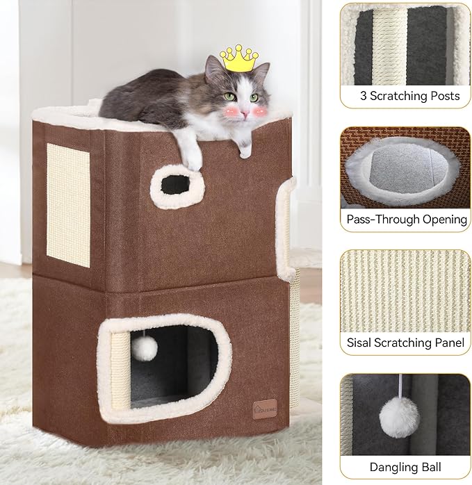 YIATHOME 2-Tier Cat House, Cat Beds for Indoor Cats, Small Cat Condo with Scratch Post, Hideaway Cave, Climbing Stand, Modern Cat Cube Playhouse for Multi Kittens, Brown