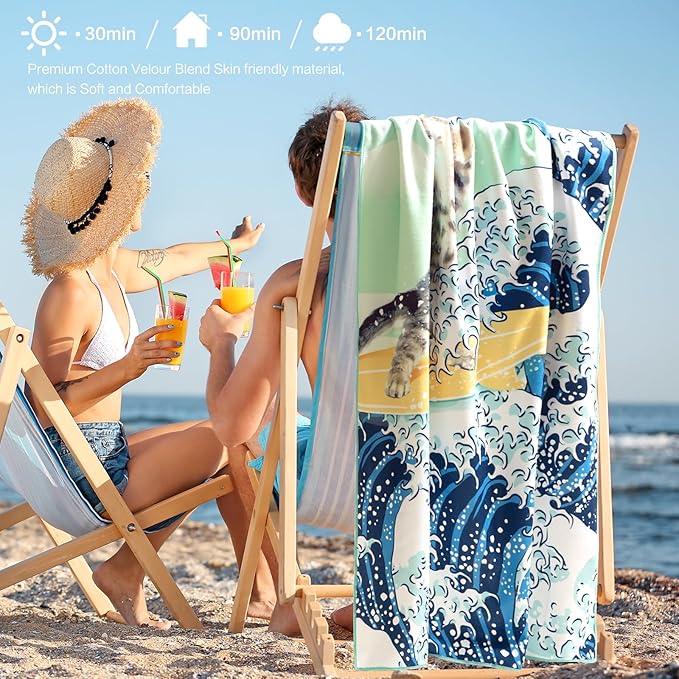 Funny Cat Beach Towel, Surfer Cat Beach Towel Battle Blue Ocean Great Wave Cotton Blend Soft Velour Absorbent for Kids Men Women Camping Towel for Gym, Hiking, Pool, Bath, Yoga,Travel Vacation