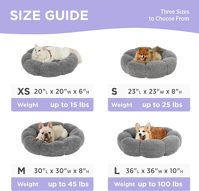 Lesure Calming Large Dog Bed - Flower Donut Round Fluffy Puppy Bed in Plush Teddy Sherpa, Non-Slip Cute Flower Dog Beds, Large Pet Bed Fits up to 100 lbs, Machine Washable, Grey 36"