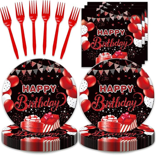 48Pcs Red and Black Happy Birthday Party Decorations for Men Women, Red and Black Balloons Pattern Birthday Decorations for Baby Shower Forks Plates and Napkins Set Party Supplies
