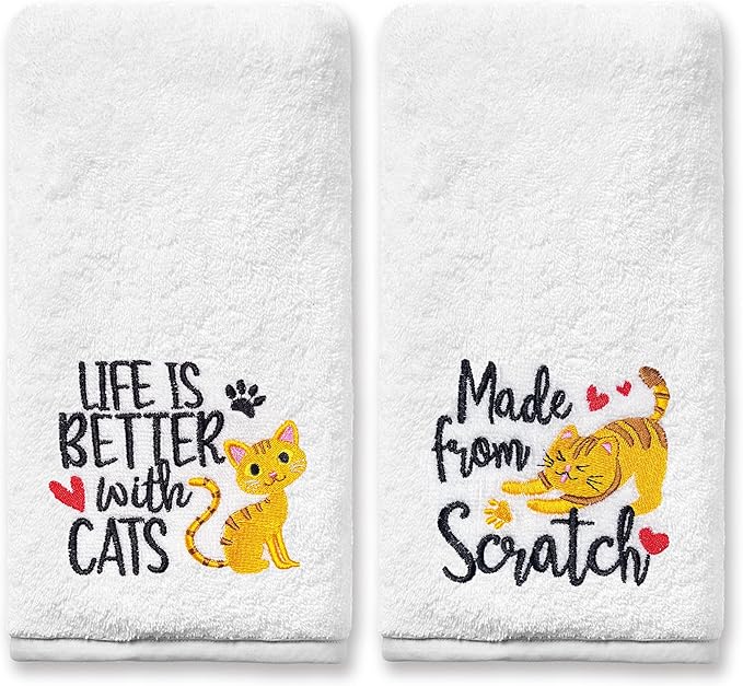 Cat Hand Towels for Bathroom - Set of 2, Embroidered Cat Lover Gifts, Soft Cotton 14x30 Inches