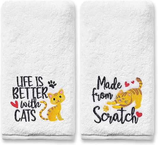 Cat Hand Towels for Bathroom - Set of 2, Embroidered Cat Lover Gifts, Soft Cotton 14x30 Inches