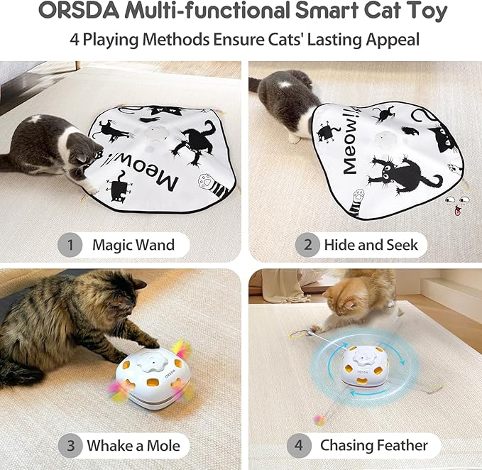ORSDA Cat Toys, 4 in 1 Interactive Cat Toys for Indoor Cats, Automatic Cat Toy Kitten Toys, Rechargeable Electric Toy for Cat Home Alone Self Play for Bored Indoor Adult Cats Stimulating Teasing Kitty