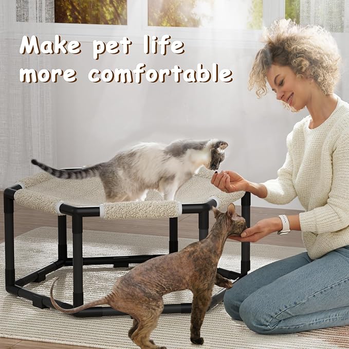 Tresbro Cat Bed, Hexagon Warm Elevated Cat Bed with Thick Teddy Velvet & Anti-Slip Pads, Raised Cat Hammock Bed for Indoor and Outdoor Use, 20.5'' x 18'' x 9.4'' Cat Hammock for Medium to Small Cats