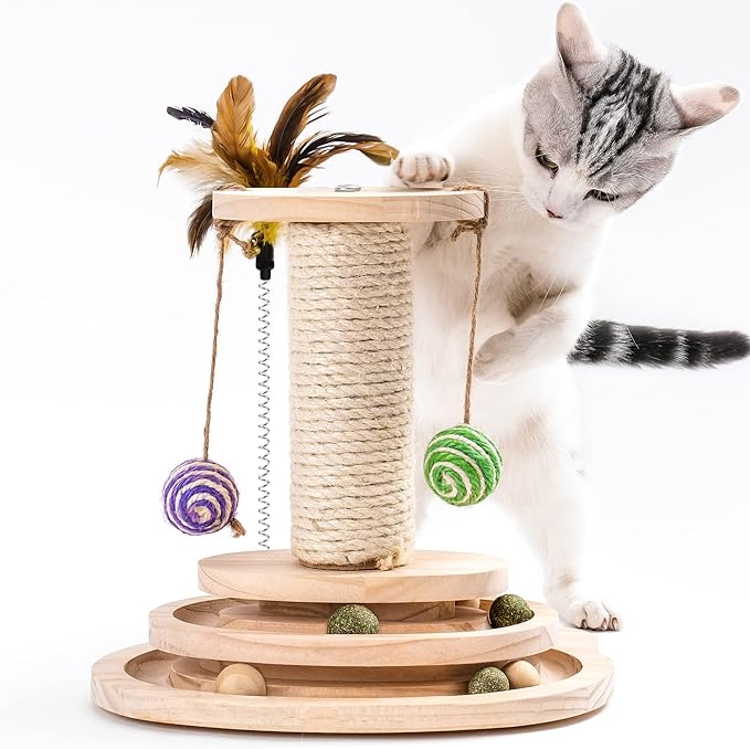 MEWOOFUN Cat Toy 2-Layer Turntable Cat Ball Toy with Feather,Kitten Toys Interactive Cat Toy with Eight Interactive Balls and Two Sisal Dangling Balls (Medium)
