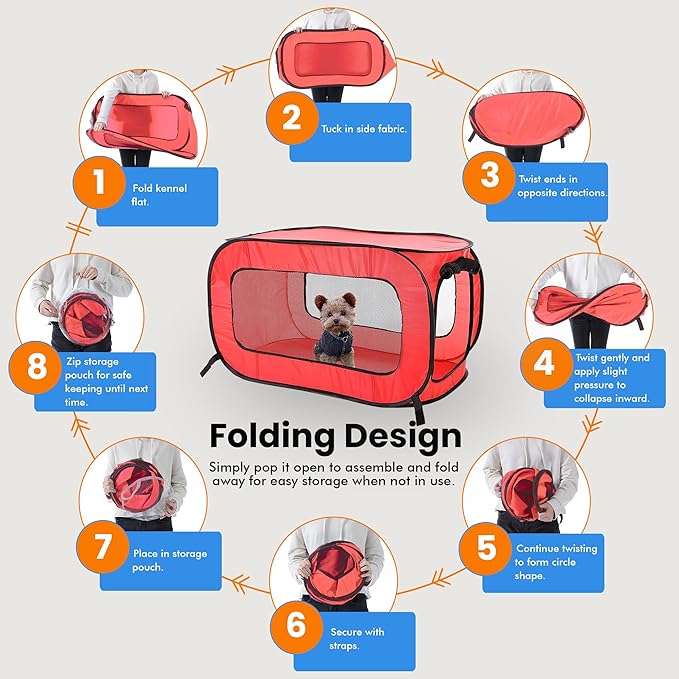 Beatrice Home Fashions Portable, Collapsible, Pop Up Kennel Travel Cat and Dog Crate, 32.5" L x 19.5" W x 19.5" H, Red