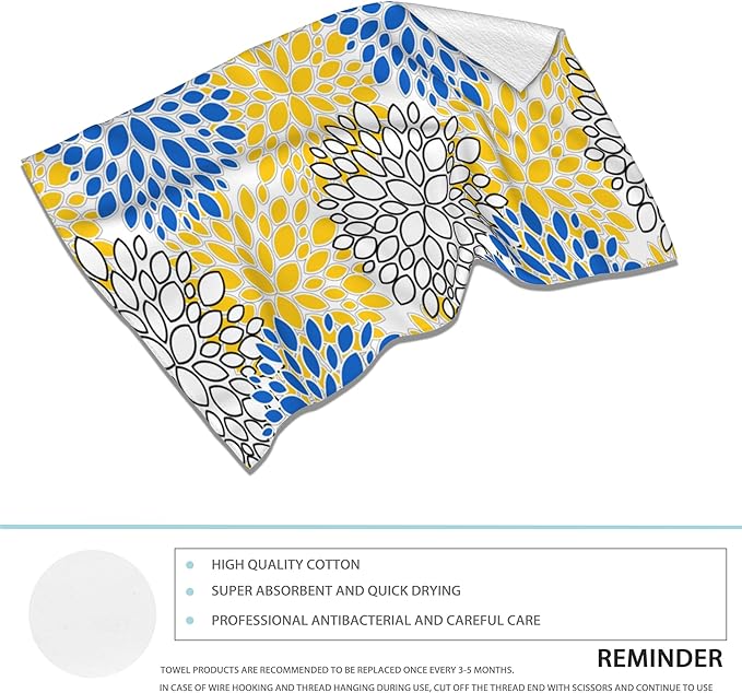 Dahlia Floral Hand Towel Set of 2,Blue and Yellow Abstract Art Face Washcloths Fingertip Kitchen Towels 28 x 14 Inch Soft Bath Dish Cloth for Bathroom Gym Hotel Salon Spa Sport