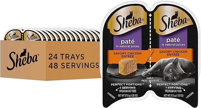 Sheba Perfect Portions Paté Adult Wet Cat Food Trays (24 Count, 48 Servings), Savory Chicken Entrée, Easy Peel Twin-Pack Trays