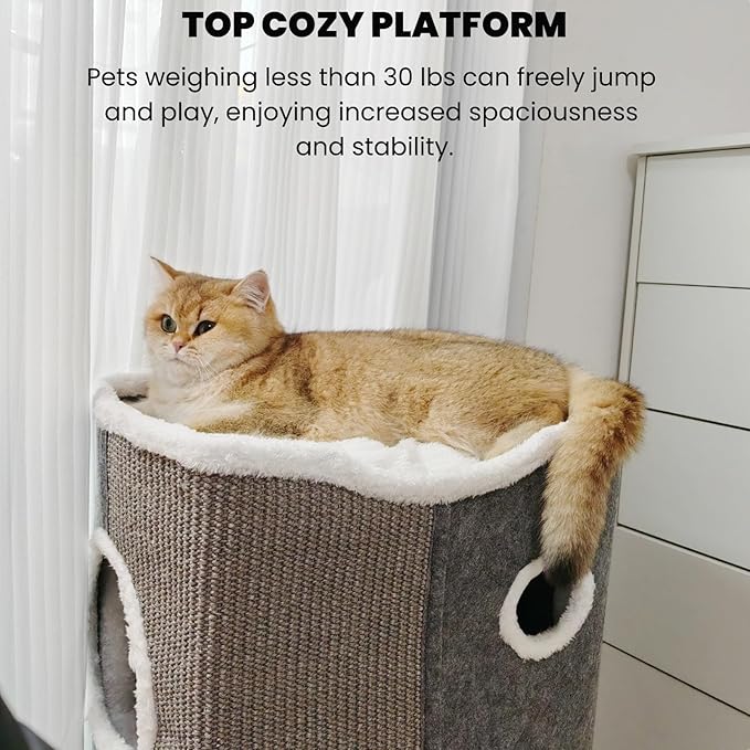 3-Level Cat House for Indoor Cats, Large Adult Cat Cave Bed Cats Cube House with Scratch Pad Cat Towers, Cute Kitten Condo Hideaway Hut with Soft Pillow Mat for Multi Pets Under 50 lbs