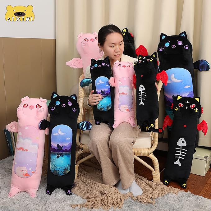 AIXINI Long Cat Plush Pillow Cartoon Cute Black Cat Stuffed Animals, Soft Kawaii Kitten Plushies Pillow Toy for Kids (Moonlight Black,35.4inch)