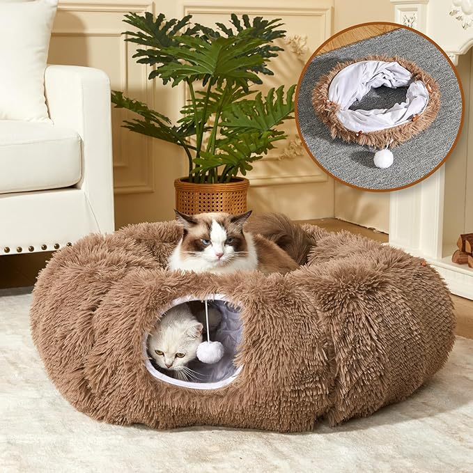 Cat Tunnel Bed for Indoor Cats Peekaboo Cat Cave Donut Tunnel for Cat with Washable Circle Cushion Interior Cat Play Tunnel (34 Inch, Brown)