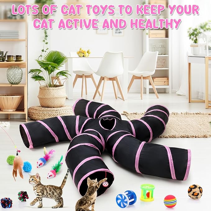 Poen 21 Pcs Cat Tunnel for Indoor Cats Set Collapsible 5 Way Cat Tubes with 20 Pcs Cat Toys Kitten Toys Interactive Cat Feather Toy Mouse Crinkle Balls Cat Tube for Puppy Kitten Rabbit (Pink Black)