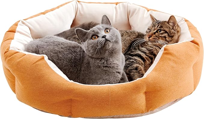 Made4Pets Cat Beds for Indoor Cats - Dog Beds for Small Dogs, Round Pet Bed for Puppy and Kitten, Washable Dog Bed with Anti-Slip Bottom, Removable Dual-Fabric Cushion for All Season, Orange