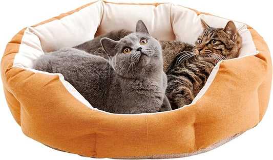 Made4Pets Cat Beds for Indoor Cats - Dog Beds for Small Dogs, Round Pet Bed for Puppy and Kitten, Washable Dog Bed with Anti-Slip Bottom, Removable Dual-Fabric Cushion for All Season, Orange