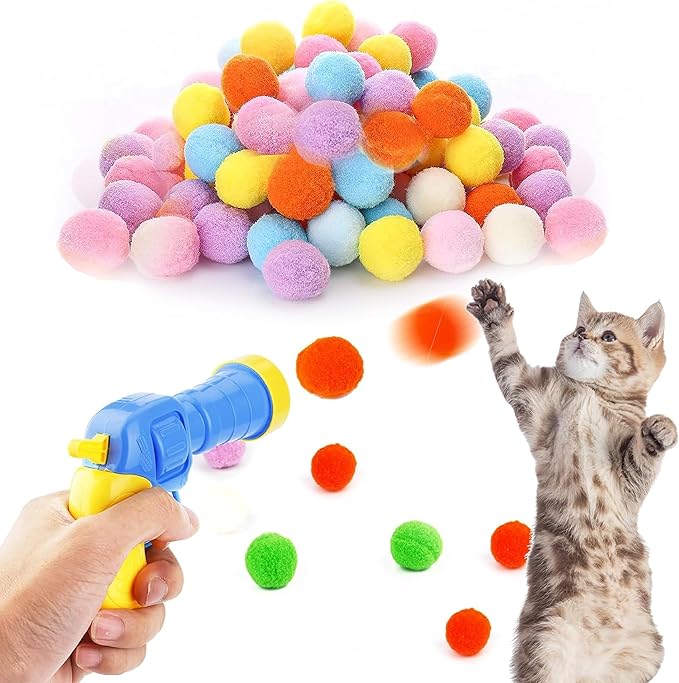 Cat Toy Ball Launcher 100Pcs Cat Toy Balls,Cat Interactive Toy DIY Set, Cat Toys Balls for Indoor Cats Kitten Toys, Pom Pom Balls with Launcher